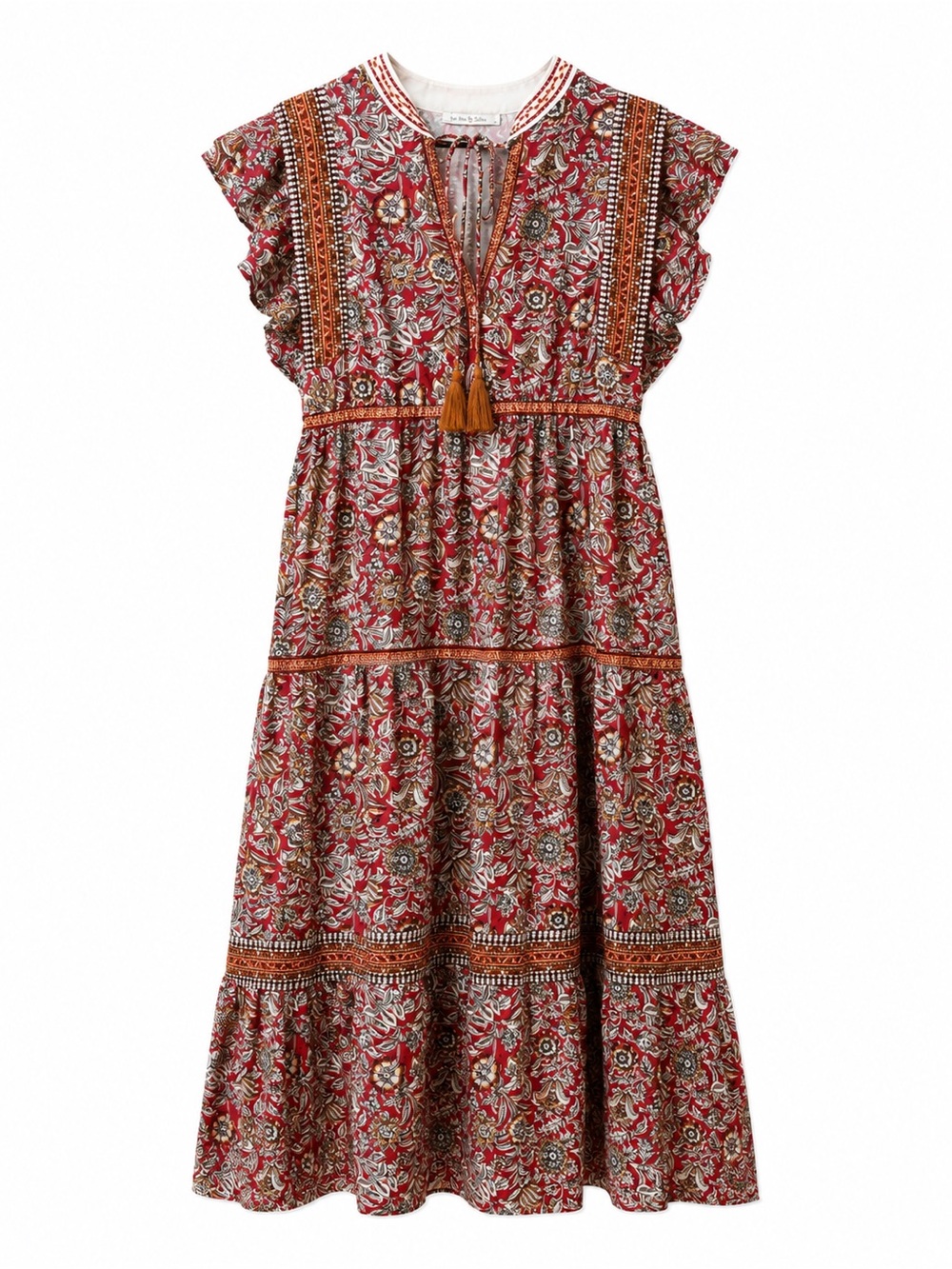 Women's Red Floral Maxi Dress with Tassel Tie